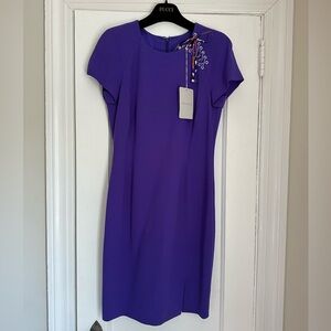 Emilio Pucci purple wool mini dress with ribbon-laced collar detail size US 10